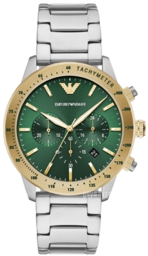 Armani kvarts herreur model AR 11454 med grøn urskive og sølvfarvet rustfrit stål lænke, elegant valg blandt ure til mænd