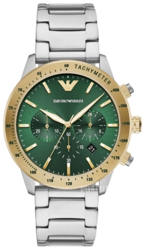 Armani kvarts herreur model AR 11454 med grøn urskive og sølvfarvet rustfrit stål lænke, elegant valg blandt ure til mænd