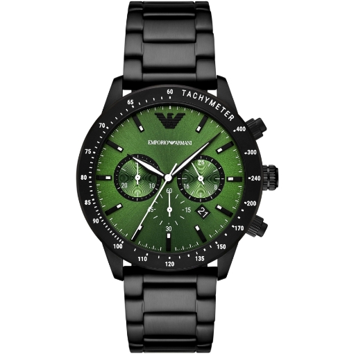 Emporio Armani herreur model AR 11472 med grøn skive og sort rustfrit stål lænke, moderne ure til mænd